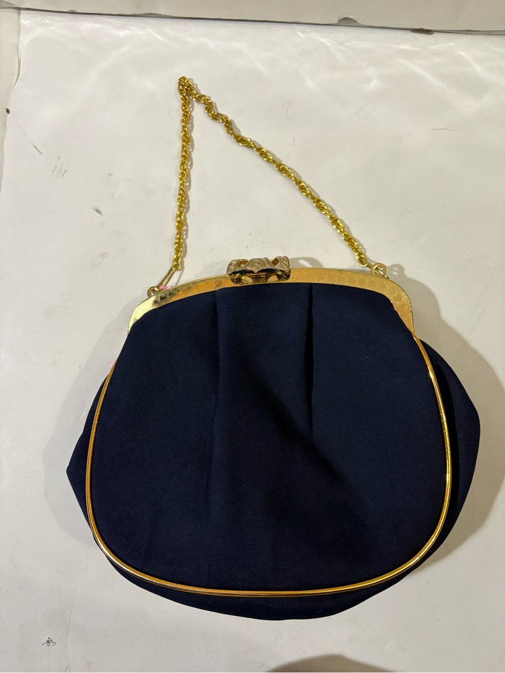 Vintage Classic Navy Evening Clutch with Gold Frame and Chain